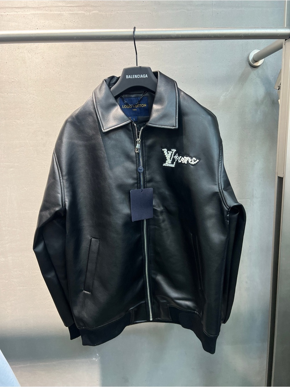Louis Vuitton Black Leather Bomber Jacket with White LV Script